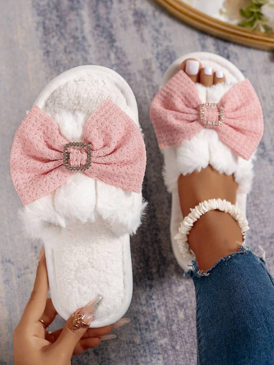 女士蝴蝶结露趾毛绒拖鞋，舒适透气室内家居拖鞋，适合秋冬季、宿舍穿着，四季皆宜