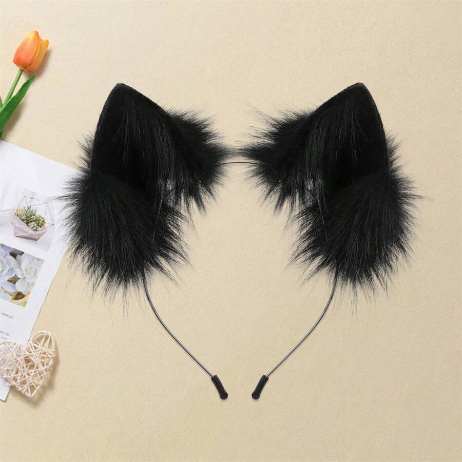 Halloween Fox Ears Headband Plush Animal Ears Hair Hoop Party Headpiece Costume For Men Women - 黑色 - 查看 1