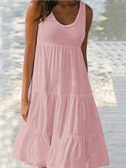 Women Sleeveless Tunic Midi Dress Round Neck Summer Casual Tiered Tank Dress,Sizes S-5XL