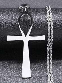 Colar Amuleto Religioso Goth Egípcio Cruz Ankh Chave da Vida em Aço Inoxidável na Cor Preta