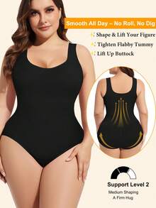 Women's Sculpting Shapewear Bodysuit Tummy Control Compression Waist Trainer Full Body Shaper Butt Lifter Wide Strap Tank Tops  Snatched Waist Square Neck Slimming Jumpsuit Plus Size - 黑色 - 查看 4