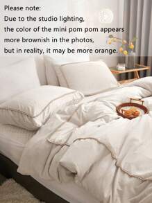 Ensemble de housse de couette beige, parure de lit de style bohème et campagnard, 3 pièces avec décoration de mini pompons beiges. Housse de couette en polyester douce et légère pour garçons et filles. 1 housse de couette, 2 taies d'oreiller, sans couette