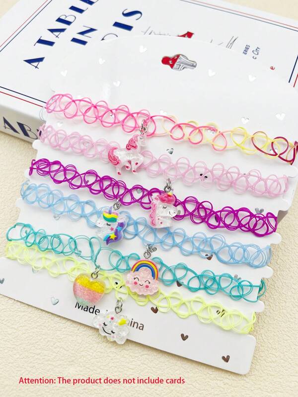 Set de 6 collares gargantilla elásticos con colgante lindo de niña, tema de verano con unicornio