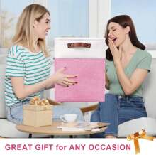 Large Fabric Storage Baskets | 50L Storage Bins, Decorative Linen Closet Baskets With Handles For Organizing, Shelf, Toys, Clothes, Home, Office, Nursery, 17x12x15Inches (Pink&White),9252441 - 粉色 - 查看 2