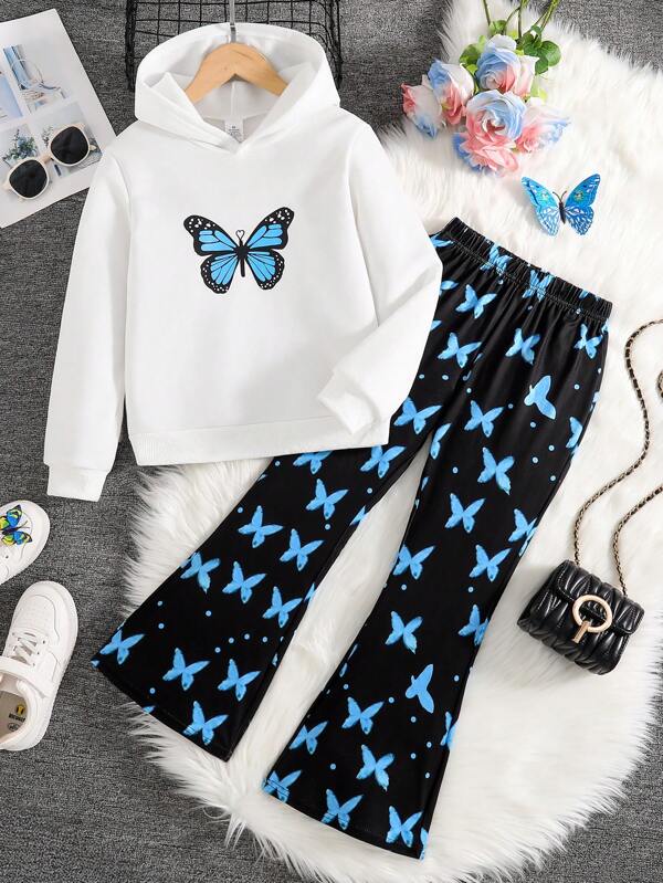 2 pièces Tenue décontractée et confortable pour filles au printemps/automne - Sweat-shirt à capuche à manches longues imprimé papillon + Pantalon évasé à taille élastique imprimé papillon all-over, tenue chic et énergique pour adolescentes pour l'extérieur