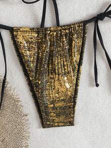 Women's Shimmering Gold Halter Bikini Set Knot Front Backless Top And Tie Side Thong Bottom High Stretch Swimwear - Gold - View 3