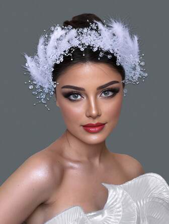 1 件优雅手工羽毛和水晶装饰头带，适合婚礼、庆典、派对、摄影