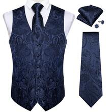 Mens Waistcoat Navy Blue Paisley Vest & Gold Tie Pin & Tie Handkerchief Cufflinks Set Tuxedo Gilet Wedding Formal Casual - 霧霾藍 - 查看 3