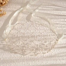 1 件女士多层珍珠交叉发网头带，手工串珠编织蕾丝珍珠水晶发箍