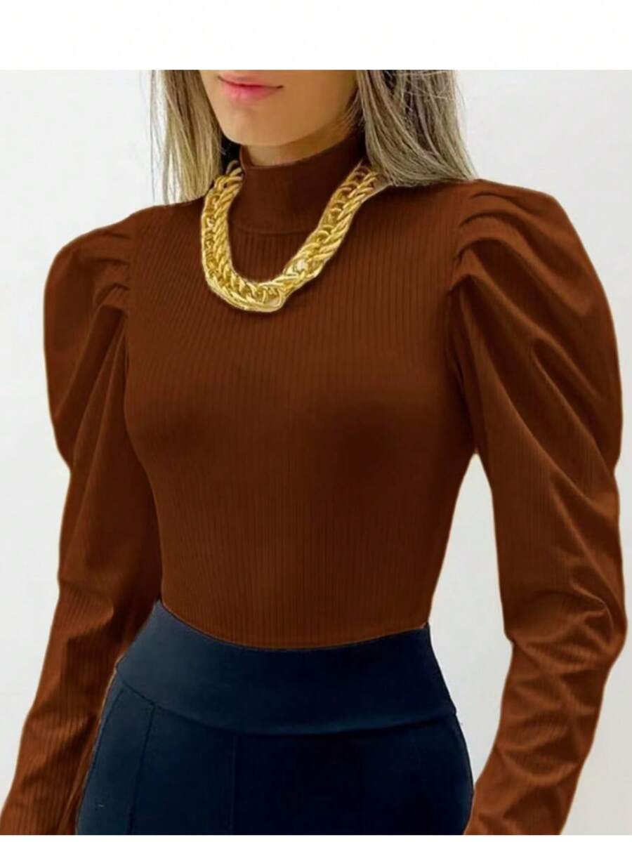 Women's Princess Sleeve Blouse, Long Sleeve, Simple, Knitted - Rust Brown - View 1