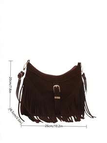 DAZY 1pc Fringed Decor Solid Color Suede/PU Leather Crossbody Bag, For Women Everyday Use - Coffee - View 11