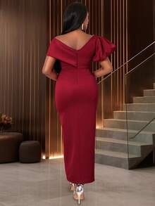 Sexy V-Neck Front Slit Cocktail Dress, Suitable For Birthday, Wedding Guest, Graduation Ceremony, Gala, Homecoming, New Year's Eve, Valentine's Day, Party And Other Occasions - الاحمر - مشاهدة 2