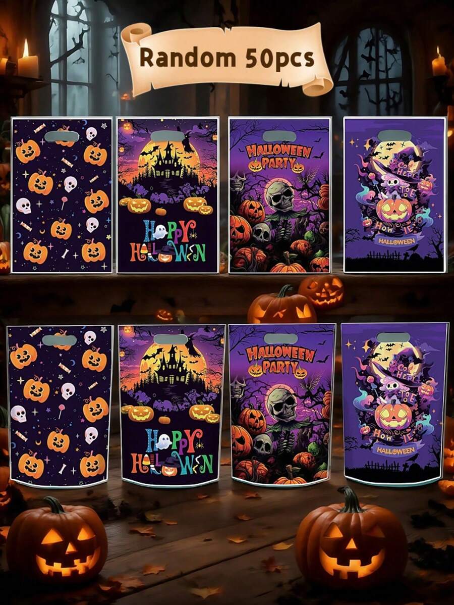 25pcs/5pcs Halloween Party Candy Gift Bags, Pumpkin Skull Ghost Face Horror Packaging Bags, Durable Plastic Tote Bags, Gift Packaging Bags, Party Favor Bags, Skull, Bat, Pumpkin Halloween Packaging (Assorted Styles)