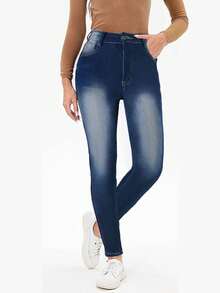 Winter Warm Thick Mid Waist Washed Elastic Skinny Jeans For Office Work Daily Wear - Blue - View 2