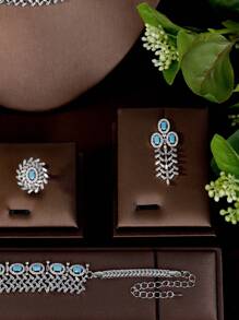 1 Set Vintage Cubic Zirconia Hollow Rhombus Turquoise Color Round Gemstone Jewelry Set, Suitable For Women To Wear On Vacation And Travel