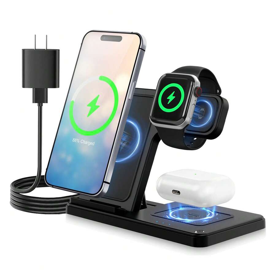[Note: When Charging, Please Use The Built-In Adapter. If You Use The Power Consumption App While Charging Three Devices Simultaneously, It May Cause The Charging Speed To Be Slower]3 In 1 Charging Station Compatible , Wireless Charger Compatible With 16 15 14 13 12 11 X Pro Max & Apple, Wireless Charging Station For Air-P Ods 4 3 Pro, Foldable Chargers With LED Light, Portable 3 In 1 Fast Wireless Charger, 15W  Foldable Wireless Charging Station Suitable For 15 14 Pro Max 13 12 11, For 3 2 Pro Multiple Devices - Black (with Adapter) - View 1