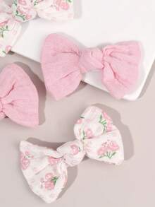 4pcs Girls' Soft Solid Color & Floral Print Hair Bow Clips, Pair Sets Of Bohemian-Style Bows - Charming Free-Spirited Delightful Hair Accessories For Beach Trips, Music Festivals, Parties & Summer Seasons
