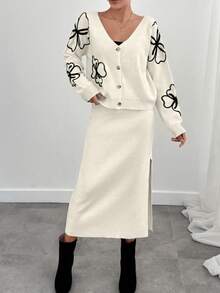 مجموعة قطعتين لفصل الخريف/الشتاء: كارديجان محبوك بنقشة زهور سوداء وبيضاء مع تنورة قلم أنيقة