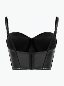 Schwarzes kurzes Bustier-Top aus Kunstleder mit verstellbaren Trägern und Knopfverschluss hinten, sexy Punk-Stil Mieder-Camisole - Schwarz - Übersicht 2