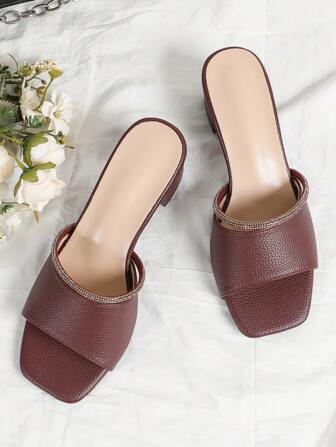 2025 Burgundy Summer Fashion Women's High Heel Sandals, Simple Strap Crystal Embellished Chunky Heel Slides