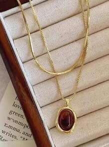 1pc Double-Layer Amber & Tiger Eye Stone Necklace, Fashionable Luxury Copper Material Gold Color Necklace Suitable For Women's Daily Wear, Party, Banquet, Performance, Daily Outfit Matching