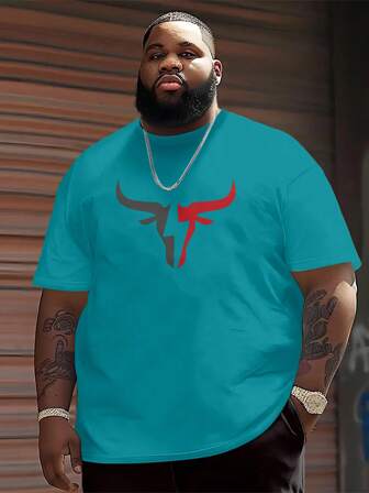 Plus Size Heren Zwart T-shirt met korte mouwen en ronde hals, Casual elastisch T-shirt met grijze en rode stierenkop-afbeelding, Ademende losse pasvorm, All Season