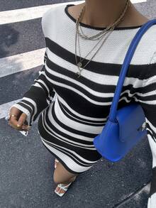 女士时尚黑白条纹露背长袖半身裙、女士夏季连衣裙、钩针连衣裙、度假装 - 黑與白 - 查看 1