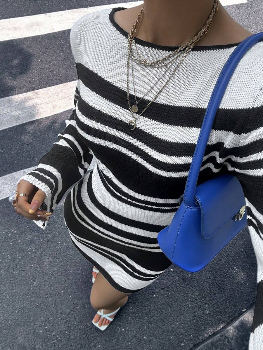 女士时尚黑白条纹露背长袖半身裙、女士夏季连衣裙、钩针连衣裙、度假装 - 黑與白 - 查看 1