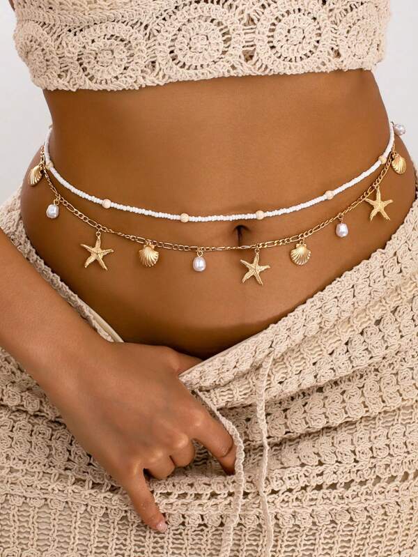 2pcs Bohemian Style Ocean Series Shell & Starfish Beaded Waist Chain For Women