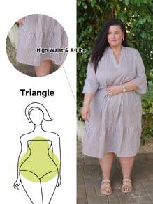 Truni Sometimesglam Plus Size Women Striped V-Neck Flare Sleeve Ruffle Hem Casual Dress, For Pear Triangle Body Shape