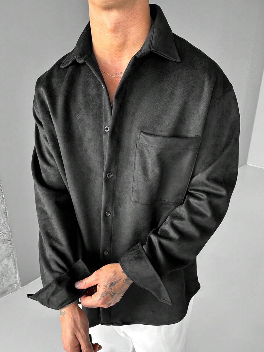 男士长袖复古麂皮衬衫式外套，秋季款 - 黑色 - 查看 1