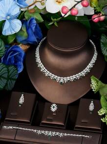 1 Set Minimalist Cubic Zirconia Geometric Green Gemstone Inlaid Jewelry Set, Suitable For Women To Wear To Parties