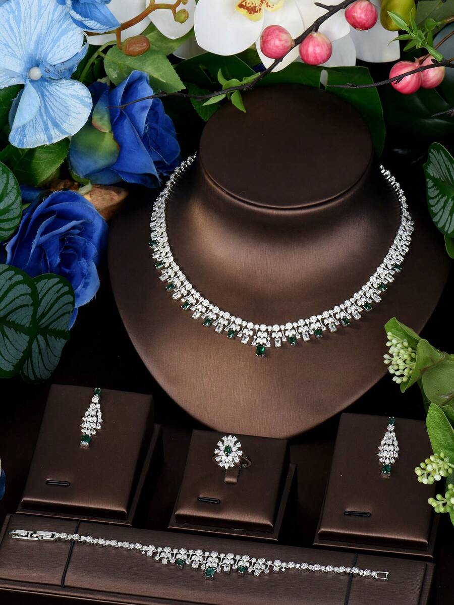 1 Set Minimalist Cubic Zirconia Geometric Green Gemstone Inlaid Jewelry Set, Suitable For Women To Wear To Parties