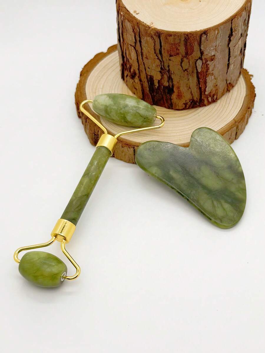 Zestaw 2 wałków jadeitowych i gua sha, masażer do twarzy z narzędziem do skrobania gua sha, odmłodzenie twarzy i szyi, usuwanie zmarszczek i opuchlizny wokół oczu, uroda, produkty do pielęgnacji skóry, spa, pielęgnacja ciała, narzędzia do pielęgnacji skóry, pielęgnacja twarzy, akcesoria kosmetyczne, masaż, narzędzie do masażu twarzy, wałek do twarzy