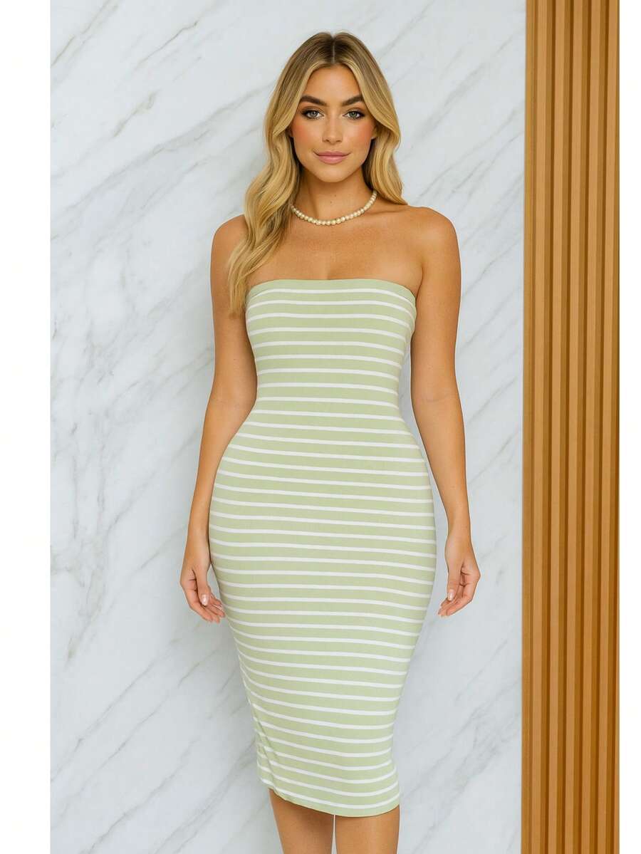 Vestiso mujer strapless largo maxi rayas color combinado casual dulce sencillo canalé rib abertura trasera caminar playa noche de fiesta vacaciones oficina casa diario fiesta de cumpleaños jardín calle concierto de música country verano - Verde Oliva - Ver 1