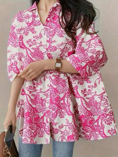 大码女式秋冬复古随机印花休闲宽松衬衫，优雅奢华上衣，适合度假、海滩、万圣节、圣诞节、新年、感恩节、派对、郊游等场合。