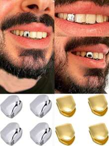 4pcs Grillz Gold Tooth Cap Grillz Teeth Men Gold Teeth Grills For Your Teeth 14K Gold/Silver Plated Single Grillz For Women Gold Jewelry Hip Hop Rapper Costume