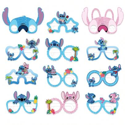 Disney 12PCS Disney Officially Licensed Stitch&Angel Series Party Paper Eyeglasses Photo Booth Props Glasses Hawaiian Decorations Buffett Accessories Party Supplies