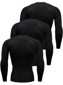 3pcs Men's Compression Shirts, Breathable Quick Dry Basic Long Sleeve Athletic T-Shirts, High Elastic Solid Color Crew Neck, Suitable For Gym, Running, Casual And Outdoor Activities Black Spring Sports - Black - View 2