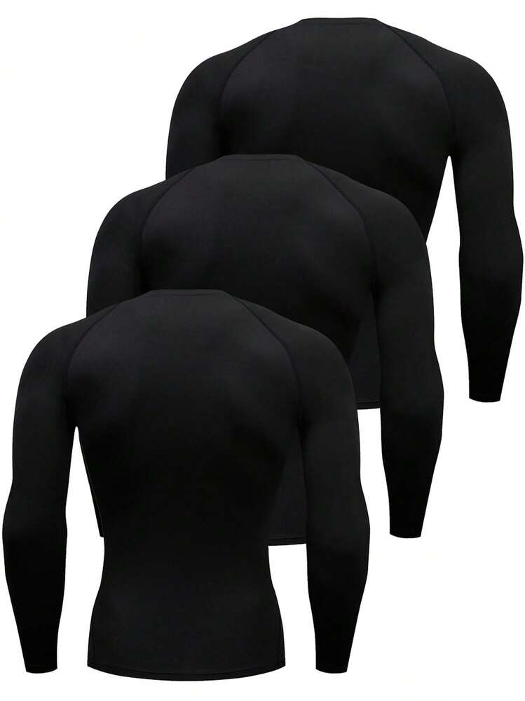 3pcs Men's Compression Shirts, Breathable Quick Dry Basic Long Sleeve Athletic T-Shirts, High Elastic Solid Color Crew Neck, Suitable For Gym, Running, Casual And Outdoor Activities Black Spring Sports - Black - View 2