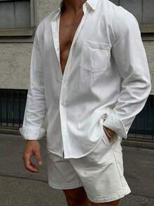 男士休闲日常纯色口袋纽扣长袖衬衫，秋季