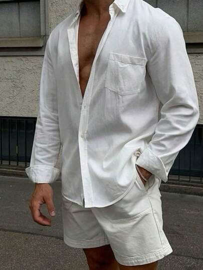 男士休闲日常纯色口袋纽扣长袖衬衫，秋季