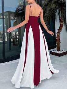 Women's Fashion Patchwork Sexy Maxi Dress, Elegant Summer Party Holiday Outfit - Burgundy - View 4
