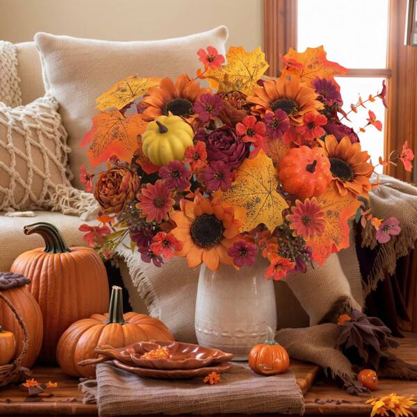 1/9PCS Lifelike Fall Artificial Peony Sunflower Daisy Fake Flowers, With Maple Leaves, Pumpkins, Faux Vibrant Plastic Floral Arrangements For Centerpiece & Wedding Bouquet, Indoor Home Vase Outdoor Garden Decor, Halloween, Thanksgiving, Seasonal Decor Home Decor Halloween Decor Room Decor