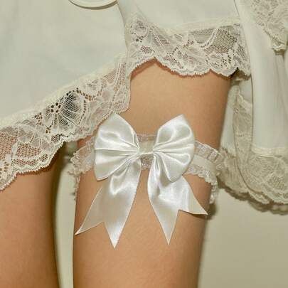 1 pieza Liguero de novia blanco con moño | Liguero de encaje ajustable para mujer | Lencería para la noche de bodas | Accesorio de medias de talla grande | Regalo romántico para el Día de San Valentín