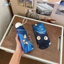 1pc New Cute Van Gogh Cat Folding Umbrella, Dual-Use Sunshade & Rainproof Umbrella, Automatic, UV Protection, Fashionable Black Cat Pattern, Thick Anti-UV Foldable Travel Umbrella For Men & Women, Students