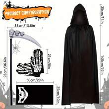 成人死神服装套装 - 包括长袍、恐怖镰刀、令人毛骨悚然的面罩和幽灵手套 - 吸血鬼主题涤纶角色扮演服装，带有精细的万圣节造型设计，让您脊背发凉 - 彩色 - 查看 6