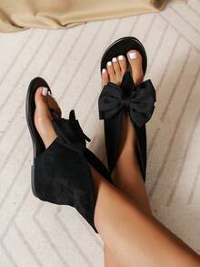 2025夏季新款圆头人字拖凉鞋女时尚蝴蝶结奶筒短靴裤腿平底凉鞋 - 黑色 - 查看 5