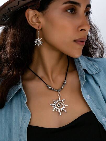 1 colar + 1 par de brincos, conjunto de joias vintage boêmias com pingente de sol em espiral, criativo e moderno para mulheres, adequado para férias, uso diário e presente