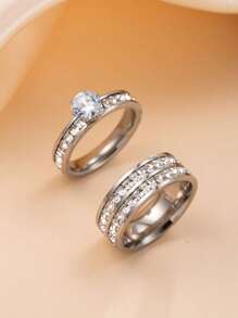 2 Stücke/Set einfache 4MM Zirkonia Dekor Edelstahl Ring für Frauen